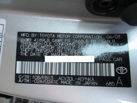 2003 TOYOTA CAMRY LE SILVER 2.4L AT Z16145